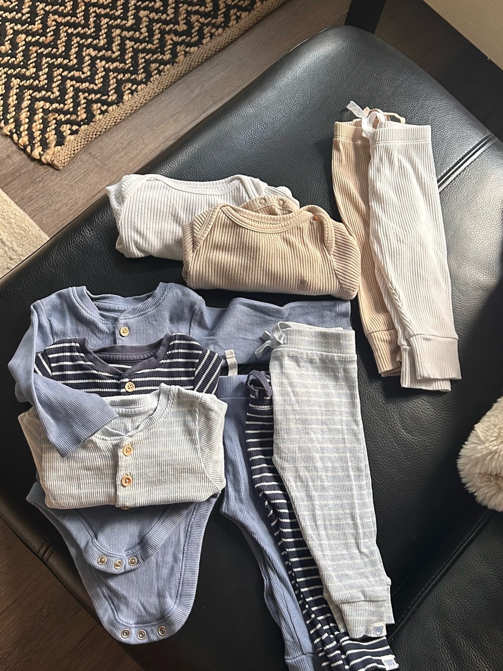 Neutral & Blue Ribbed Baby Onesies and Leggings Set